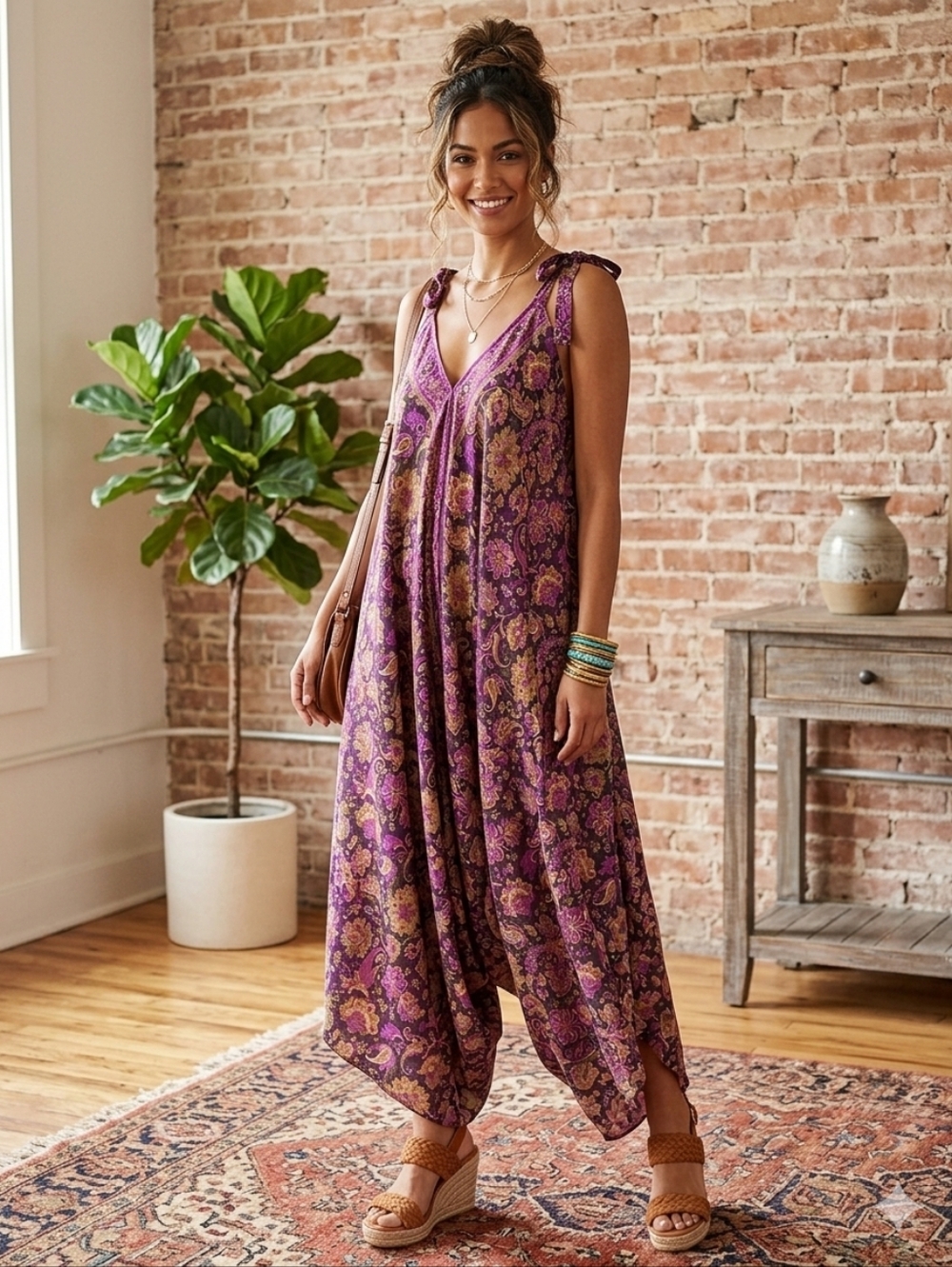 Indie Flowy Sleeveless Purple Paisley Boho Silk Jumpsuit with Tie Straps